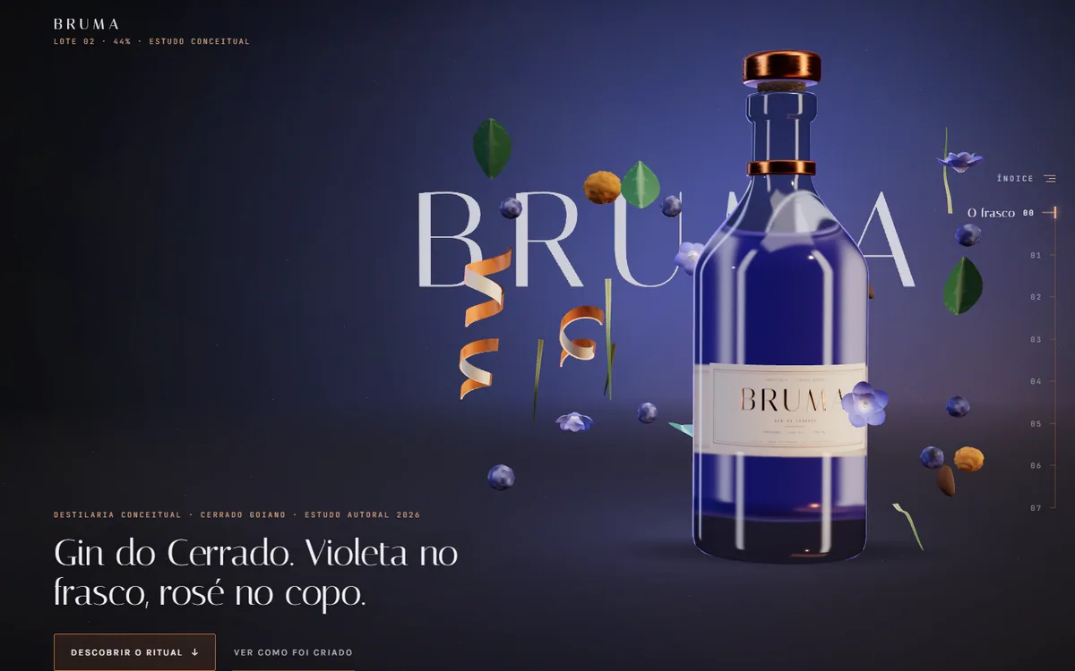 BRUMA, frasco de gin em 3D em tempo real sobre fundo grafite, com botânicos flutuando ao redor