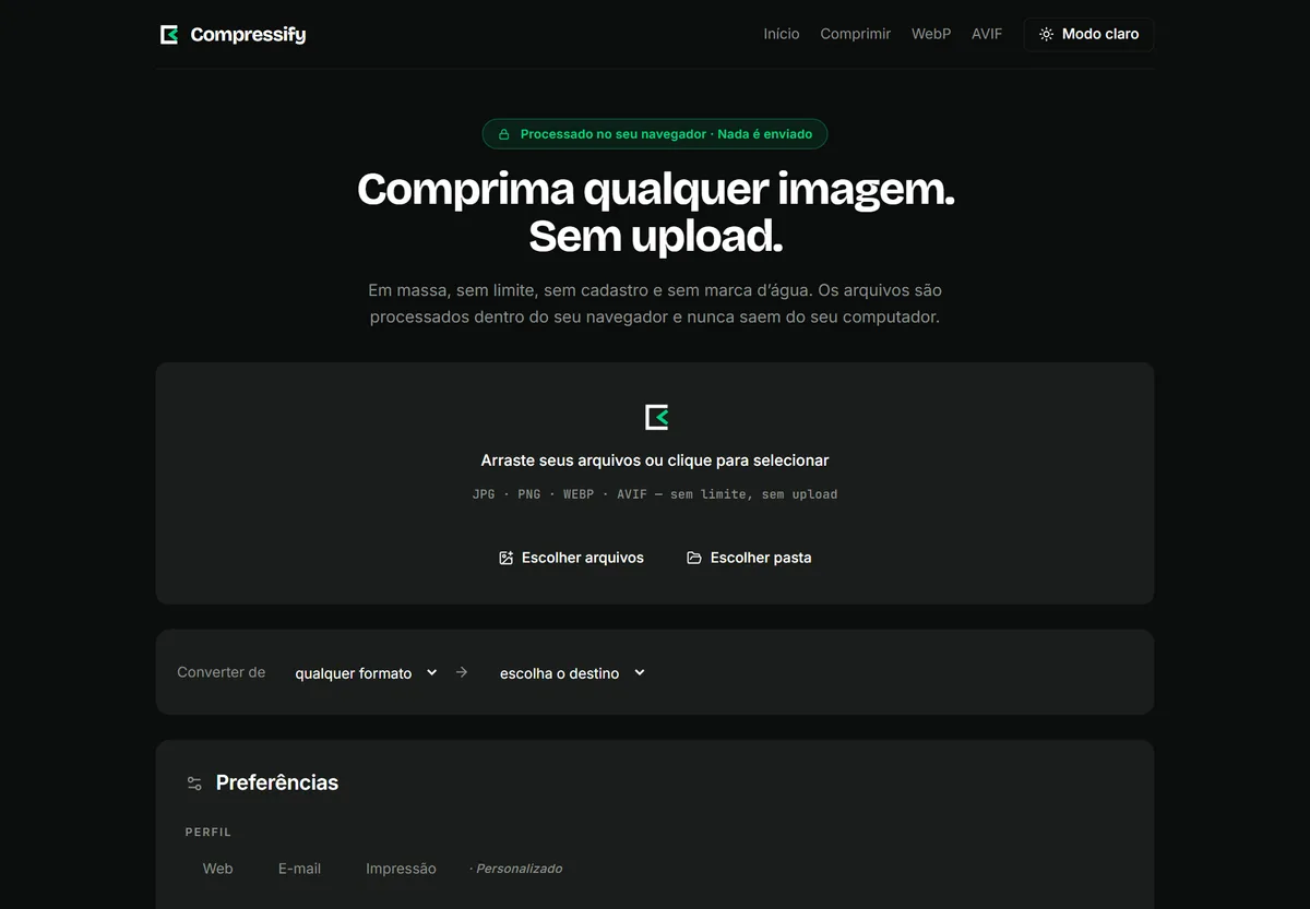 Tela do Compressify com a área para arrastar imagens e as preferências de compressão