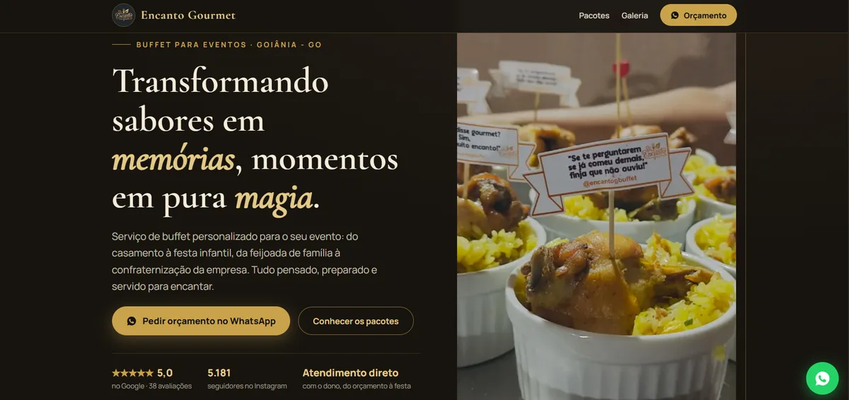 Site do Encanto Gourmet, buffet para eventos em Goiânia