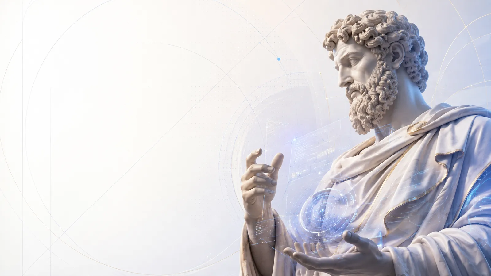 Estátua clássica de mármore observando um holograma de dados na palma da mão