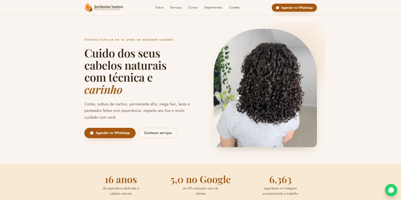 Site de Jordanna Santos, técnica capilar em Senador Canedo