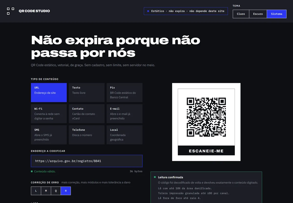 Tela do QR Code Studio com um QR Code gerado e a verificação de leitura confirmada