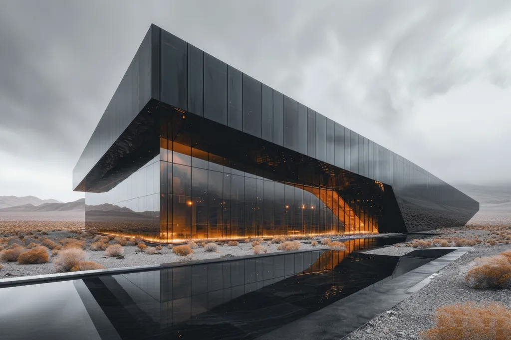 Residência monolítica de vidro negro no deserto, com faixa de luz âmbar no interior e espelho d'água refletindo a fachada.