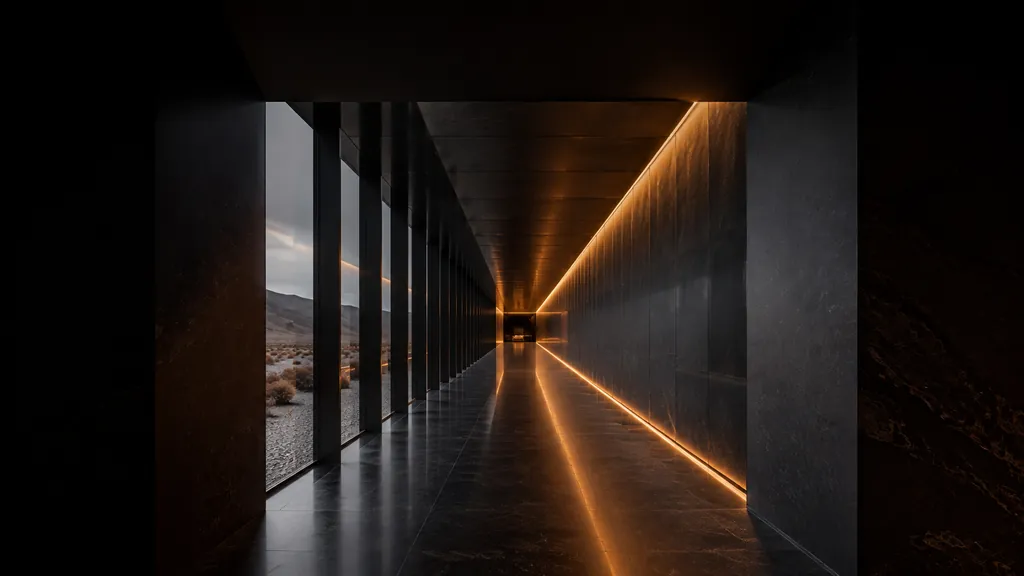 Limiar da casa: corredor de pedra negra com linha de luz âmbar e o deserto visível entre pilares.