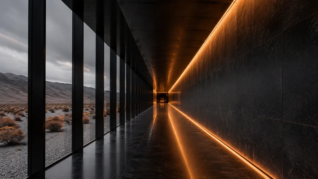Início do corredor: piso de mármore negro refletindo a linha âmbar que percorre a parede direita.