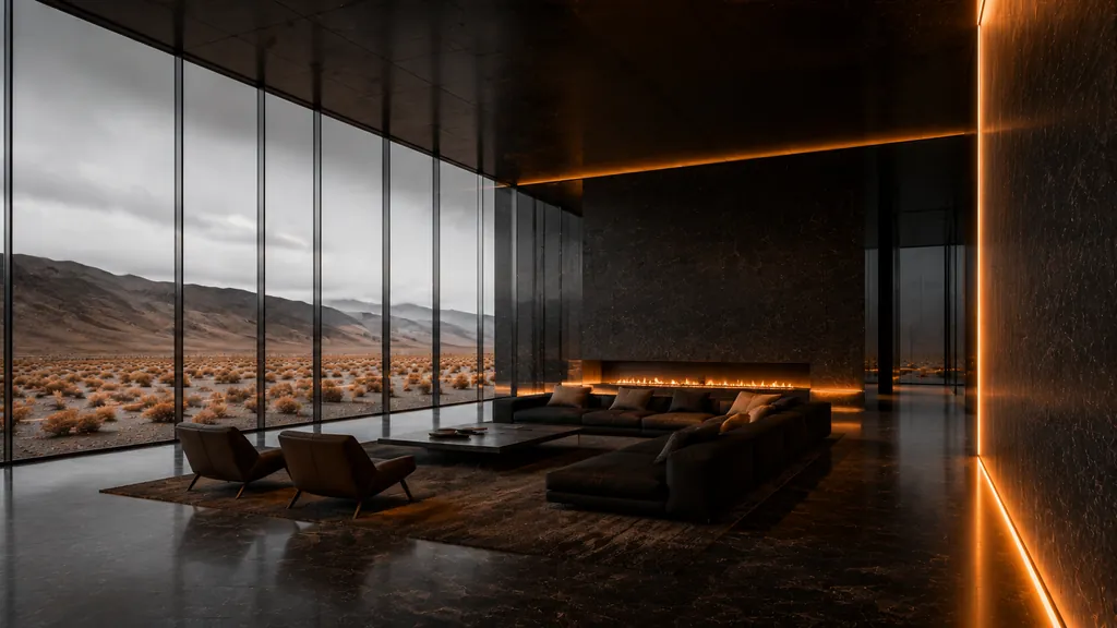 Sala principal: sofás escuros diante da lareira linear acesa e parede de vidro emoldurando o deserto.