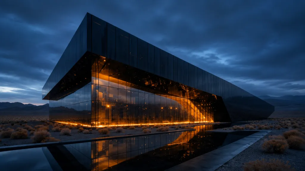 Exterior ao anoitecer: o volume negro quase desaparece no céu azul enquanto o interior âmbar brilha.